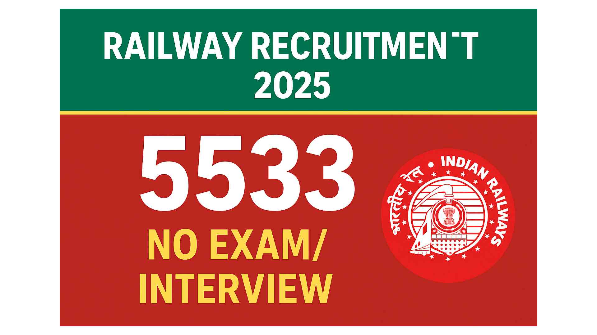 🚉 Railway Recruitment 2025: रेलवे की नयी भर्ती 5533 पदों पर बिना परीक्षा व इंटरव्यू